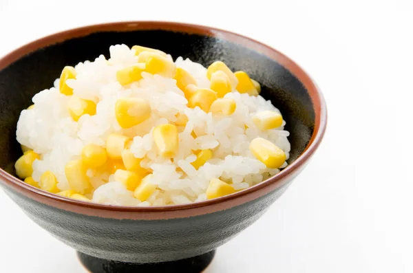 Comida Japonesa Arroz Maíz Tazón Arroz Sobre Fondo Blanco — Foto de Stock