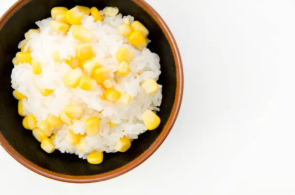 Comida Japonesa Arroz Milho Uma Tigela Arroz Fundo Branco — Fotografia de Stock