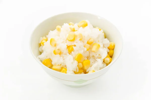 Japán Étel Kukorica Rizs Egy Rizs Tál Fehér Alapon — Stock Fotó
