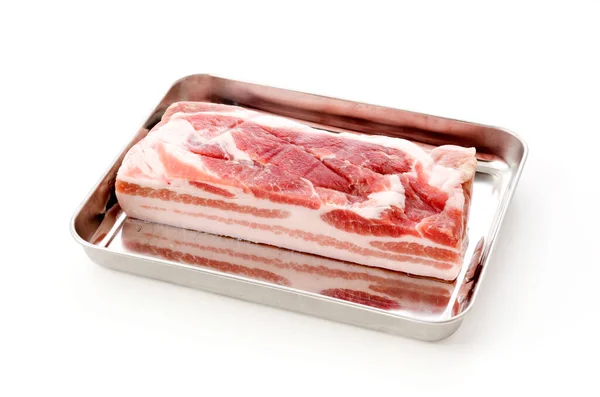 Raw Pork Belly Stainless Steel Tray White Background Stock Picture