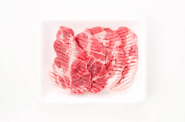 Raw Pork Meat Foam Tray White Background — 스톡 사진