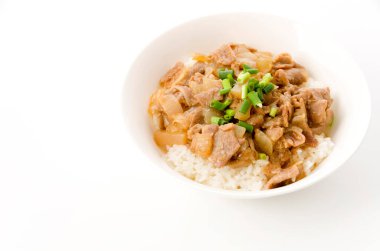 Japon yemeği, üzerinde domuz eti ve Konjac olan bir kase pirinç..