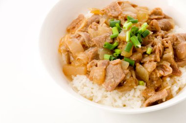 Japon yemeği, üzerinde domuz eti ve Konjac olan bir kase pirinç..