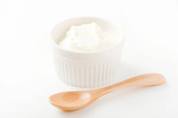 Fresh Greek Yogurt Ceramic White Ramequin White Background — Stock Photo, Image