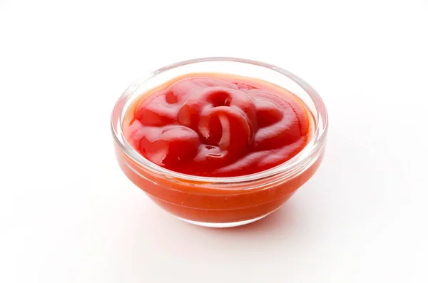 Paradicsom Ketchup Egy Kis Üveg Tál Fehér Alapon — Stock Fotó