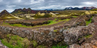 Güzel renkli volkanik dağlar İzlanda 'da Landmannalaugar, yaz zamanı, panorama