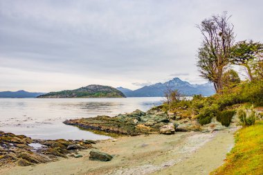 Güzel manzara lenga orman, dağlar ve lagün, Tierra del Fuego Milli Parkı, Patagonia, yaz saati