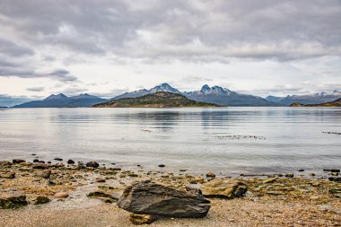 Güzel manzara lenga orman, dağlar ve lagün, Tierra del Fuego Milli Parkı, Patagonia, yaz saati