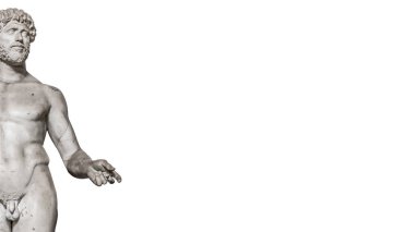 El, bir başlık sayfası olarak beyaz arka plan, izole işaret ile Yunan çıplak Nobel adam heykeli unsuru