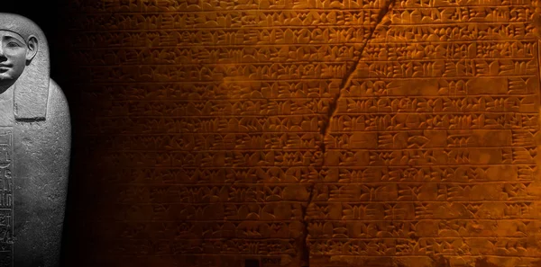 Collage Granit Sarkofag Egyptisk Farao Och Forntida Hieroglyfer Skriver Svart — Stockfoto