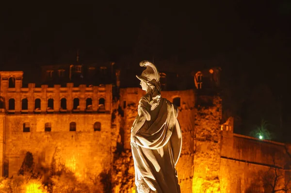 Natt Med Belysning Gamla Bro Downtown Och Slottet Heidelberg Tyskland — Stockfoto