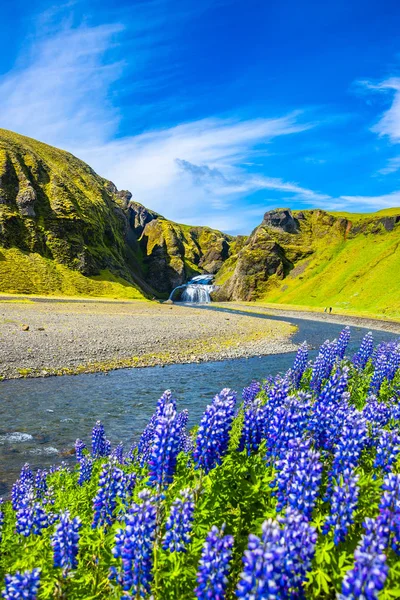 Magical big waterfall called Stjornarfoss near Kirkjubaejarklaustur at Iceland South coast, summer time