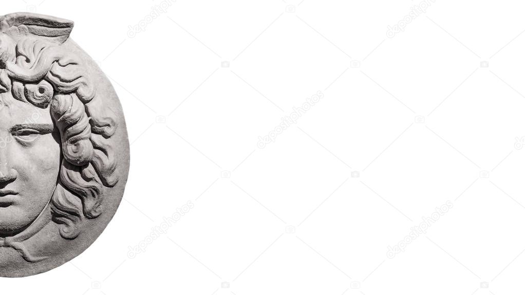 Marble ancient head of Greek mythological Medusa at isolated white background streamer with paste space