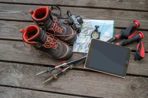 Map Compass Camera Touchpad Hiking Poles Boots Traveling Paste Space — Stock Photo, Image