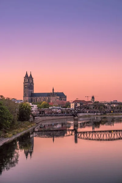 Magdeburg Almanya Sonbaharda Katedrali Eski Köprünün Önünde Renkli Günbatımı — Stok fotoğraf