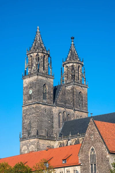 Magnifica Cattedrale Magdeburgo Autunno Germania Giorno Soleggiato Cielo Azzurro — Foto Stock