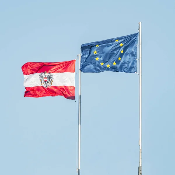 Ausztria Állandó Szél Együtt Kék Két Zászlói — Stock Fotó