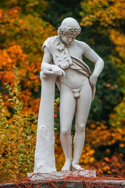 Estátua Renascimento Sensual Homem Romano Pele Leão Com Papiro Outono — Fotografia de Stock