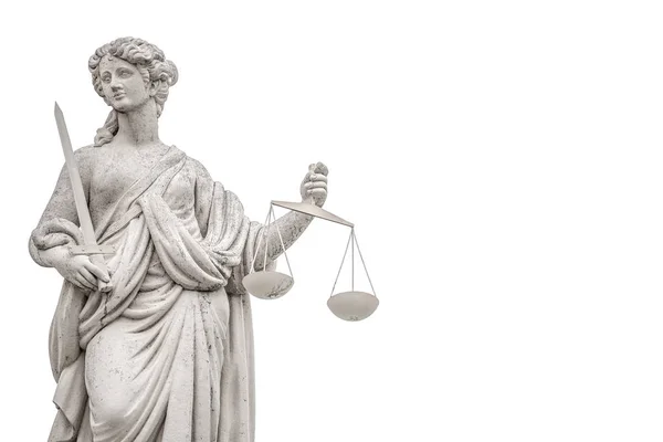 Άγαλμα Μια Γυναίκα Δικαστής Κλίμακες Και Σπαθί Που Απομονώνονται Λευκό — Φωτογραφία Αρχείου