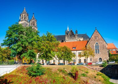 Sonbahar, Almanya, güneşli gün ve mavi gökyüzü görkemli Magdeburg Katedrali
