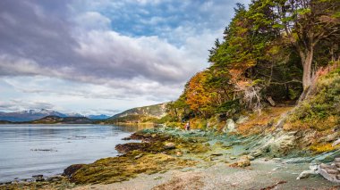Yürüyüşçüler ve muhteşem panoramik manzara Tierra del Fuego Milli Park, Patagonia, Arjantin
