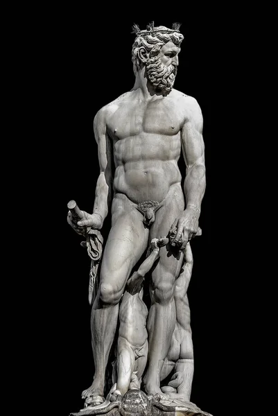 Estatua Neptuno Gran Alcance Florencia Italia Aislada Fondo Negro — Foto de Stock