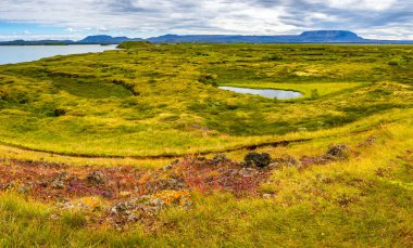 Panoramik lake Myvatn ve sözde aka yakınındaki Skutustadir üzerinde İzlanda volkanik krater