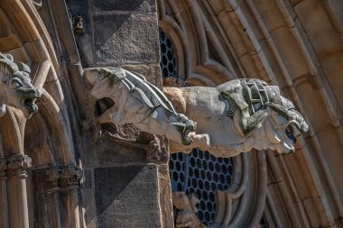 Katedralin ana cephesinde korkunç gargoyles eski çatı figürleri 
