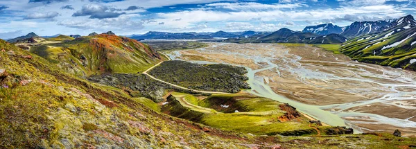 Panoramatický Pohled Krajinu Barevné Duhové Sopky Landmannalaugar Hory Sopky Lávová — Stock fotografie