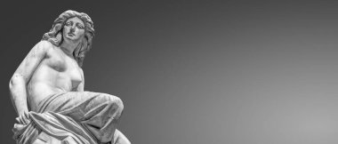 Viyana 'da yıkanan güzel bir kadının şehvetli neoklasik mermer heykeli. Gri gradyan arkaplan, metin, Avusturya, detay ve yakın çekim için fotokopi alanı.