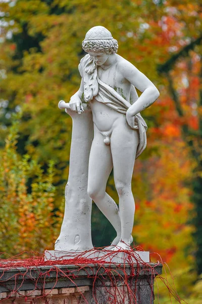 Antigua Estatua Del Parque Era Renacentista Cazador Hombres Romanos Piel — Foto de Stock