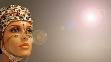 EEG şapkalı güzel bir kadın manikinin yüzü. Deneysel beyin aktivitesi kaydının altında pürüzsüz bir arka planda mercek patlaması efektiyle.