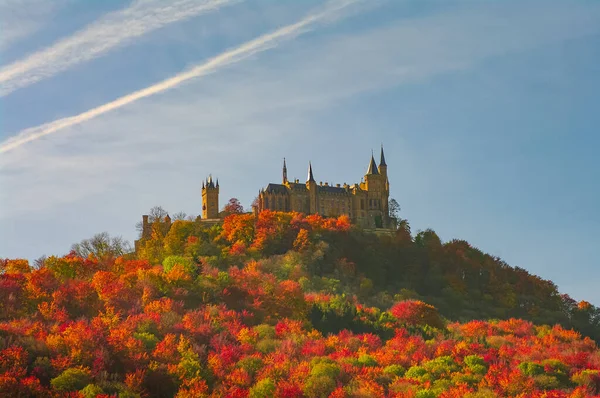 Magical Fairytale German Hohenzollern Castle Seen Uphill Woods Golden Autumn — Stock Photo, Image