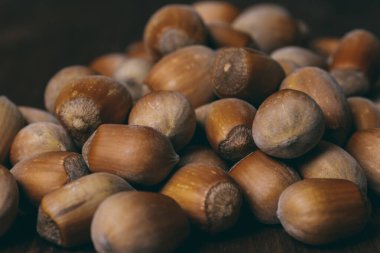 Fındık yığını. Fındık. Tam kaçıklar. Makro fotoğraf.