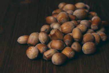 Fındık yığını. Tam kaçıklar. Fındık. Corylus Avellana. Makro fotoğraf, yakın plan, koyu ahşap arka plan..