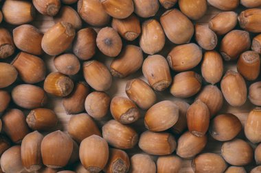Fındık yığını. Tam kaçıklar. Corylus Avellana. Makro fotoğraf, yakın çekim, ahşap masanın üstü..