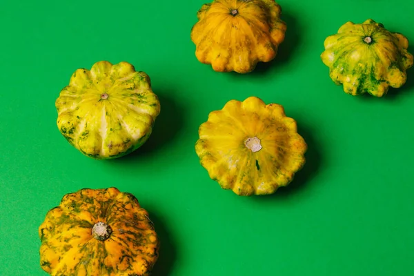 Színes Pattypan Squash Zöld Háttérrel Felülnézet — Stock Fotó