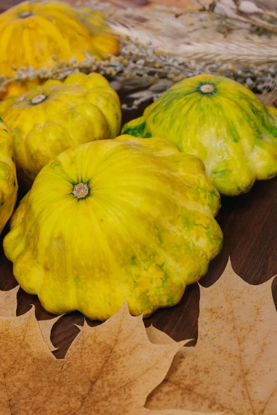 Kolorowe Pattypan Squash Bandą Ziół Jesiennych Żółtych Liści Drewnianym Tle — Zdjęcie stockowe