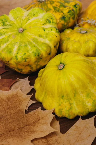 Kolorowe Pattypan Squash Jesiennych Żółtych Liści Drewnianym Tle — Zdjęcie stockowe