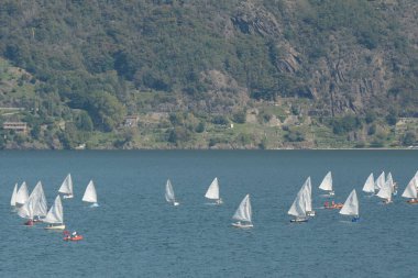 Pianello del Lario, Como, Lombardy / İtalya - 17 Eylül 2020: Como Gölü 'ndeki yelkenliler.