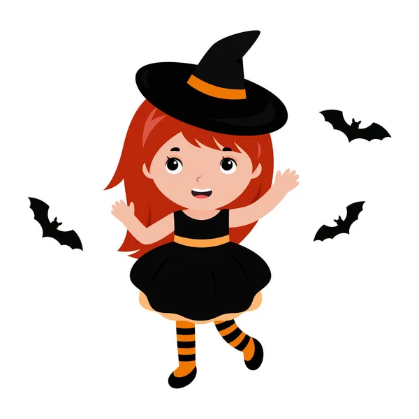 Adorabile strega che balla con i pipistrelli. Costume di Halloween. Vettore . — Vettoriale Stock