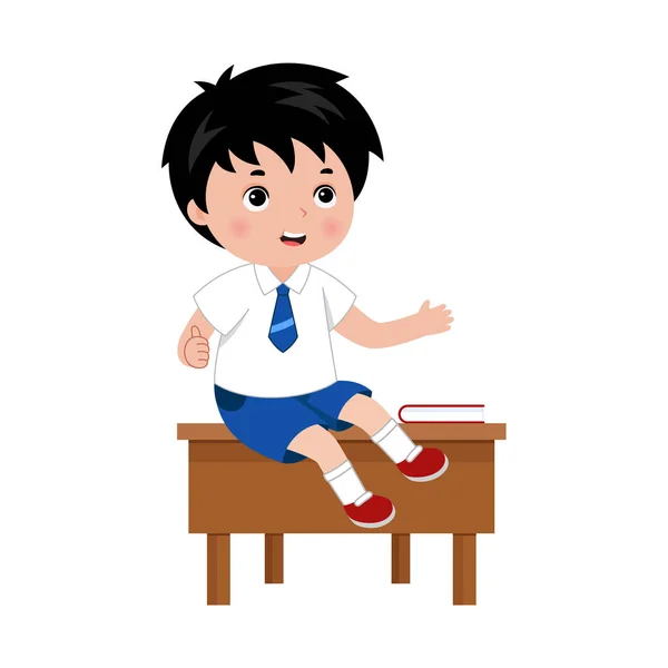 Schüler, der in der Schulklasse auf dem Schreibtisch sitzt, spricht und Daumen nach oben zeigt. Vektor. — Stockvektor