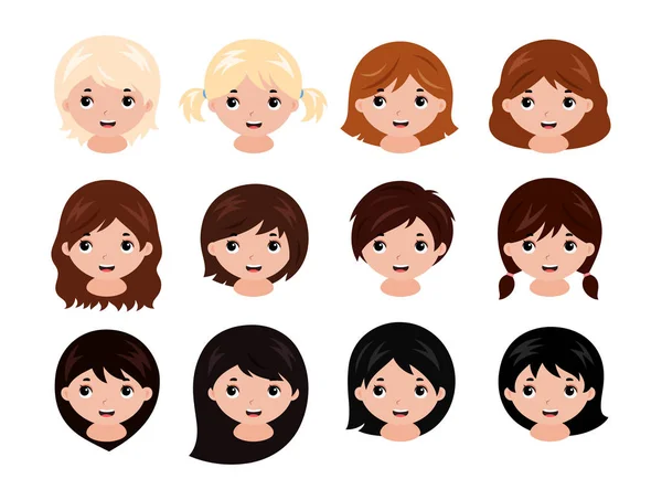 Cute little girls head with different hairstyles and hair colors from blonde to black. Vector. Vector Graphics
