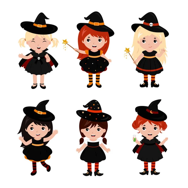 Imádnivaló kis boszorkány karakterek különböző pózok. Mindenszentek napjának előestéje ruha. Vektor. — Stock Vector