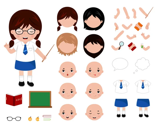 Construtor de personagem menina adorável escola. Desenhos animados estilo ilustração vetorial . —  Vetores de Stock