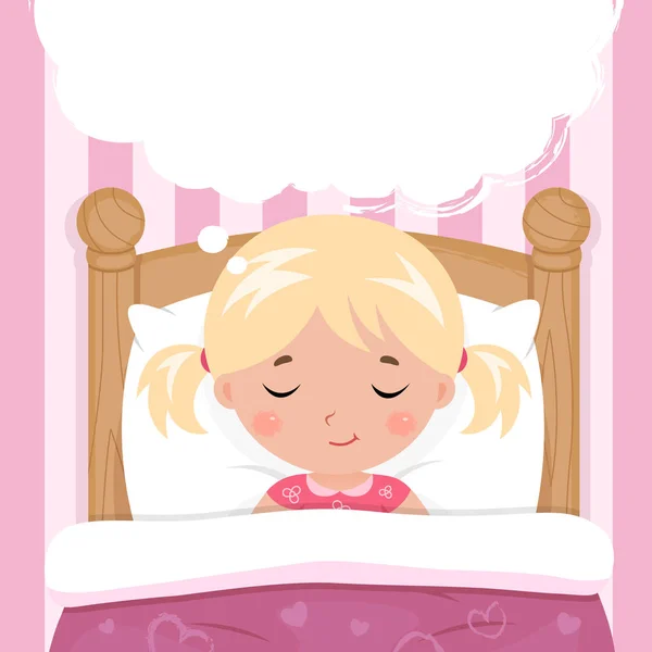 La niña duerme en la cama. Burbuja de voz con lugar para texto o imagen. Vector . — Vector de stock