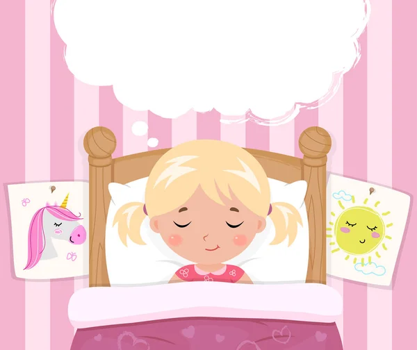Mała dziewczyna śpi w łóżku. Dymek z miejscem dla text lub image. Wektor. — Wektor stockowy