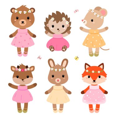 Cute dressed woodland animals in modern flat style. Vector. clipart