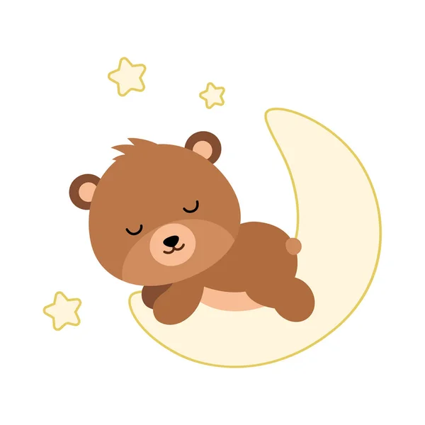 Милый плоский медведь спит на луне. Вектор . — стоковый вектор