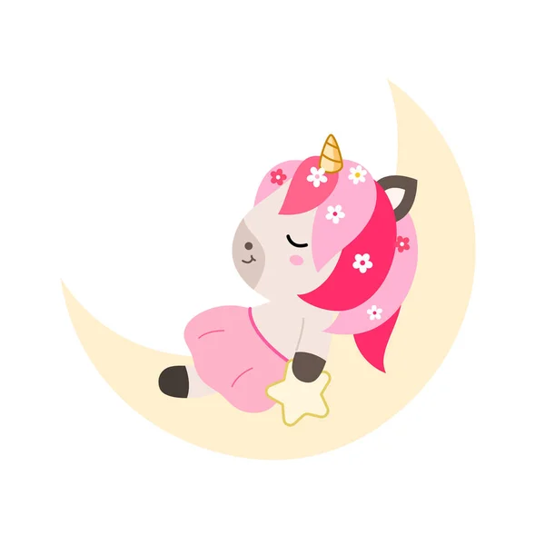Güzel bir uyku bebek unicorn ayın üzerinde yatıyor ve yıldız tutar. — Stok Vektör